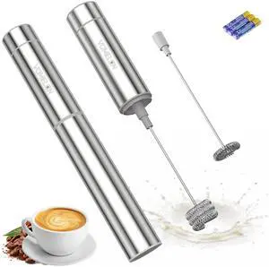 Milk Frother Handheld, Battery Operated Travel Coffee Frother Milk Foamer Drink Mixer with 2 Stainless Steel Whisks for Hot Chocolate, Batteries Included, Silver Milk Frother Handheld, Battery Operated Travel Coffee Frother Milk Foamer Drink Mixer with 2 Stainless Steel Whisks for Hot Chocolate, Batteries Included, Silver