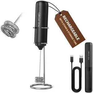 Rechargeable Milk Frother Hanheld with Stand, Dual Coil Whisk Head Electric Coffee Frother, Portable Hand Frother Wand Drink Mixer for Matcha Lattes Cappuccino, Kitchen Gifts, Black Rechargeable Milk Frother Hanheld with Stand, Dual Coil Whisk Head Electric Coffee Frother, Portable Hand Frother Wand Drink Mixer for Matcha Lattes Cappuccino, Kitchen Gifts, Black