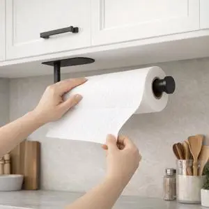 Paper Towel Holder Under Cabinet, Self Adhesive or Screw Mount, Fits Most Standard US Paper Towel Rolls, SUS304 Stainless Steel, Black Paper Towel Holder Under Cabinet, Self Adhesive or Screw Mount, Fits Most Standard US Paper Towel Rolls, SUS304 Stainless Steel, Black