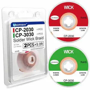 2 Pack 9.8ft Copper Solder Wick Braid, 0.08in & 0.12in Desoldering Wick 2 Pack 9.8ft Copper Solder Wick Braid, 0.08in & 0.12in Desoldering Wick