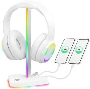 RGB Headphone Stand with 2 USB-C Charging Port and 1 USB Charging Port, Desk Gaming Headset Holder with 7 Light Modes and Non-Slip Rubber Base Suitable for All Earphone Accessories (White) RGB Headphone Stand with 2 USB-C Charging Port and 1 USB Charging Port, Desk Gaming Headset Holder with 7 Light Modes and Non-Slip Rubber Base Suitable for All Earphone Accessories (White)
