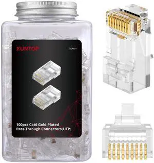 100-Pack RJ45 Connectors for Cat6 Cat5 Cat5e Gold-Plated RJ45 Pass Through Connector Cat6 Connector for Solid/Stranded 23-24AWG UTP Ethernet Cable 100-Pack RJ45 Connectors for Cat6 Cat5 Cat5e Gold-Plated RJ45 Pass Through Connector Cat6 Connector for Solid/Stranded 23-24AWG UTP Ethernet Cable