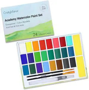 24 Colors Large Block Watercolor Paint Set for Watercolors Workbook, Portable Water Colors Paint Kit with 2 Paintbrushes 1 Waterbrush, for Adult Painting Beginners & Professional Amateur Hobbyists 24 Colors Large Block Watercolor Paint Set for Watercolors Workbook, Portable Water Colors Paint Kit with 2 Paintbrushes 1 Waterbrush, for Adult Painting Beginners & Professional Amateur Hobbyists