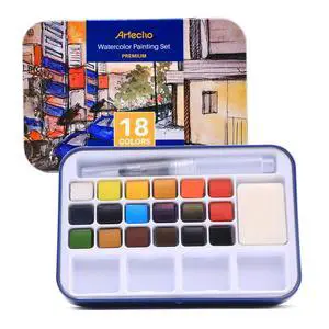 18 Colors Watercolor Paint Set, Portable Travel Tin Box with Brush 18 Colors Watercolor Paint Set, Portable Travel Tin Box with Brush