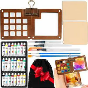 Mini Watercolor Travel Set, 24 Colors Pocket Watercolor Paint Kit with Walnut Wood Palette, 2 Sketchbooks, 5 Brushes & Carry Bag Portable Art Supplies for Beginners, Artists and Outdoor Sketching Mini Watercolor Travel Set, 24 Colors Pocket Watercolor Paint Kit with Walnut Wood Palette, 2 Sketchbooks, 5 Brushes & Carry Bag Portable Art Supplies for Beginners, Artists and Outdoor Sketching