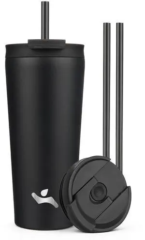 22 oz Insulated Tumbler Water Bottle with Straw Lid, Black 22 oz Insulated Tumbler Water Bottle with Straw Lid, Black