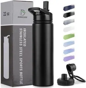 Insulated Water Bottle, 22 oz Vacuum Insulated Stainless Steel Reusable Sports Bottle with Straw Lid & Spout Lid for Travel, Camping, Bike, Leakproof, Black, 1 Pack Insulated Water Bottle, 22 oz Vacuum Insulated Stainless Steel Reusable Sports Bottle with Straw Lid & Spout Lid for Travel, Camping, Bike, Leakproof, Black, 1 Pack