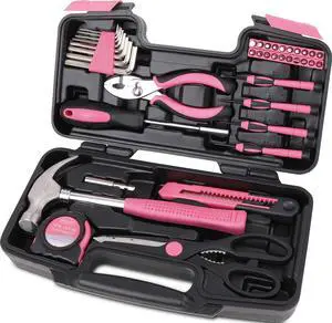 Tools Original 39 Piece General Household Tool Set in Toolbox Storage Case with Essential Hand Tools for Everyday Home Repairs, DIY and Crafts - Pink Ribbon - DT9706P Tools Original 39 Piece General Household Tool Set in Toolbox Storage Case with Essential Hand Tools for Everyday Home Repairs, DIY and Crafts - Pink Ribbon - DT9706P