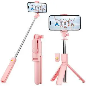 Pink Selfie Stick Tripod, with Wireless Remote Control, Live Streaming and Video Recording, Compatible with Android, iPhone and More Pink Selfie Stick Tripod, with Wireless Remote Control, Live Streaming and Video Recording, Compatible with Android, iPhone and More