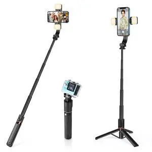 Phone Tripod & Selfie Stick with Light, Support 360° Rotation, Black Phone Tripod & Selfie Stick with Light, Support 360° Rotation, Black