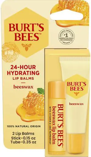 24-Hour Hydrating Lip Balm Value Pack, Original Beeswax Lip Balm Stick and Beeswax Lip Balm Squeeze Tube, 100% Natural Origin, 2 Pack, 0.15 Oz./0.35 Oz. 24-Hour Hydrating Lip Balm Value Pack, Original Beeswax Lip Balm Stick and Beeswax Lip Balm Squeeze Tube, 100% Natural Origin, 2 Pack, 0.15 Oz./0.35 Oz.
