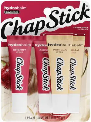 HydraBalm Flavored Lip Balm Tubes, Cherry & Vanilla with Jojoba Oil & Shea Butter, 24 Hr Moisture, Hydrating for Dry, Chapped Lips, 4-Count Pack, 0.35 oz Each HydraBalm Flavored Lip Balm Tubes, Cherry & Vanilla with Jojoba Oil & Shea Butter, 24 Hr Moisture, Hydrating for Dry, Chapped Lips, 4-Count Pack, 0.35 oz Each