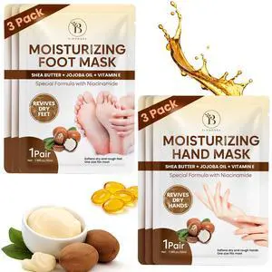 Moisturizing Hand & Foot Mask Set with Shea Butter, Jojoba Oil & Vitamin E, Foot Mask for Dry Cracked Feet & Hand Moisturizer Gloves, 3 Hydrating Socks, 3 Moisturizing Gloves (3 pairs each) Moisturizing Hand & Foot Mask Set with Shea Butter, Jojoba Oil & Vitamin E, Foot Mask for Dry Cracked Feet & Hand Moisturizer Gloves, 3 Hydrating Socks, 3 Moisturizing Gloves (3 pairs each)