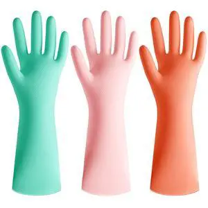 Rubber Cleaning Dishwashing Kitchen Gloves - 3 Pairs Colorful Dish Gloves for Washing Dishes, Reusable Rubber Gloves, Pink Orange Mint Green (Medium) Rubber Cleaning Dishwashing Kitchen Gloves - 3 Pairs Colorful Dish Gloves for Washing Dishes, Reusable Rubber Gloves, Pink Orange Mint Green (Medium)