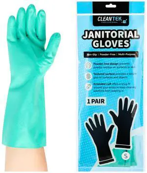 Clean Tek Professional 15 Mil Small Cleaning Gloves, 1 Pair Of Long Cuff Gloves - Flock Lining, No-Powder, Green Nitrile Chemical Tolerant Gloves, No-Latex, Heavy-Duty Tasks Clean Tek Professional 15 Mil Small Cleaning Gloves, 1 Pair Of Long Cuff Gloves - Flock Lining, No-Powder, Green Nitrile Chemical Tolerant Gloves, No-Latex, Heavy-Duty Tasks
