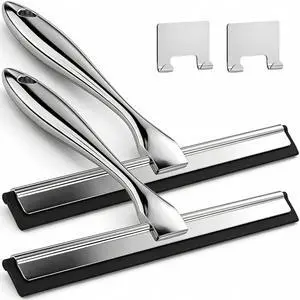 2pcs Shower Squeegee for Glass Doors with Adhesive Hanging Hook Set | 9.9 Silver, Bathroom Accessories, Window Cleaner, New Home Essentials, Soft Rubber Blade, Metal Handle, Ergonomic Grip 2pcs Shower Squeegee for Glass Doors with Adhesive Hanging Hook Set | 9.9 Silver, Bathroom Accessories, Window Cleaner, New Home Essentials, Soft Rubber Blade, Metal Handle, Ergonomic Grip