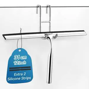Shower Squeegee for Glass Doors,12" Large Shower Glass Cleaner | Silicone Blade with Stainless Steel Core, Streak-Free Wiper with Hanger for Bathroom, Kitchen, Car Windows & Mirrors, Siliver Shower Squeegee for Glass Doors,12" Large Shower Glass Cleaner | Silicone Blade with Stainless Steel Core, Streak-Free Wiper with Hanger for Bathroom, Kitchen, Car Windows & Mirrors, Siliver