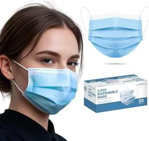 50pcs Blue Disposable Face Mask for Adults Women Men, 3-Ply Solid Blue Breathable Earloop Full Face Protection 50pcs Blue Disposable Face Mask for Adults Women Men, 3-Ply Solid Blue Breathable Earloop Full Face Protection