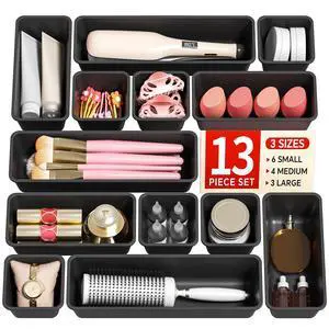13 Pack Plastic Drawer Organizers Set, 3 Sizes Desk Drawer Organizer Trays for Vanity and Makeup Organizer, Organization and Storage for Makeup, Kitchen Utensils, Bathroom and Office(Black) 13 Pack Plastic Drawer Organizers Set, 3 Sizes Desk Drawer Organizer Trays for Vanity and Makeup Organizer, Organization and Storage for Makeup, Kitchen Utensils, Bathroom and Office(Black)
