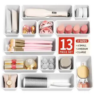 13 Pack Plastic Drawer Organizers Set, 3 Sizes Desk Drawer Organizer Trays for Vanity and Makeup Organizer, Organization and Storage for Makeup, Kitchen Utensils, Bathroom and Office(White) 13 Pack Plastic Drawer Organizers Set, 3 Sizes Desk Drawer Organizer Trays for Vanity and Makeup Organizer, Organization and Storage for Makeup, Kitchen Utensils, Bathroom and Office(White)