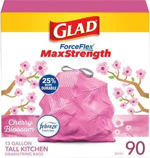 ForceFlex MaxStrength Tall Kitchen Trash Bags, Rip and Tear Resistant, Cherry Blossoms Scented Pink Tall Garbage Bags, Odor Control, Febreze Freshness, 13 Gallon, 90 Count ForceFlex MaxStrength Tall Kitchen Trash Bags, Rip and Tear Resistant, Cherry Blossoms Scented Pink Tall Garbage Bags, Odor Control, Febreze Freshness, 13 Gallon, 90 Count