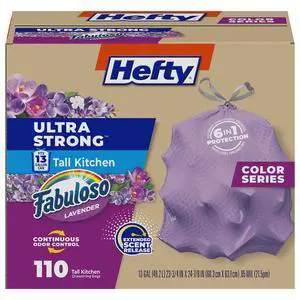 Ultra Strong 13 Gallon Trash Bags, Tall Kitchen Trash Bags 13 Gallon Size, Resist Leaks, Punctures, and Rips, Continuous Odor Control, Purple, Fabuloso Scent, 110 Bags Ultra Strong 13 Gallon Trash Bags, Tall Kitchen Trash Bags 13 Gallon Size, Resist Leaks, Punctures, and Rips, Continuous Odor Control, Purple, Fabuloso Scent, 110 Bags