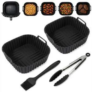 Reusable Silicone Air Fryer Liners 4 PCS Set | 2-Pack 8-Inch Square Liners with Tongs & Basting Brush | Compatible with Ninja AF141 AF181, COSORI & More | Food-Grade Accessories for 57 QT Baskets Reusable Silicone Air Fryer Liners 4 PCS Set | 2-Pack 8-Inch Square Liners with Tongs & Basting Brush | Compatible with Ninja AF141 AF181, COSORI & More | Food-Grade Accessories for 57 QT Baskets