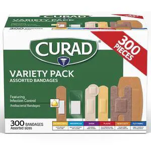 Assorted Bandages Variety Pack, 300 Count, 6 Styles Including Antibacterial, Waterproof, Sheer, Plastic, Heavy Duty & Flex-Fabric, Protects Scrapes, Cuts & Burns, Latex-Free Assorted Bandages Variety Pack, 300 Count, 6 Styles Including Antibacterial, Waterproof, Sheer, Plastic, Heavy Duty & Flex-Fabric, Protects Scrapes, Cuts & Burns, Latex-Free