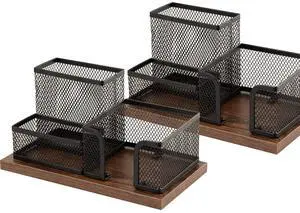 Antique Wood & Mesh Pen Holder Office Supplies Caddy, Storage Baskets for Desktop Accessorieswith Sticky Notes Holder,3 Compartments(2 Pack Black) Antique Wood & Mesh Pen Holder Office Supplies Caddy, Storage Baskets for Desktop Accessorieswith Sticky Notes Holder,3 Compartments(2 Pack Black)