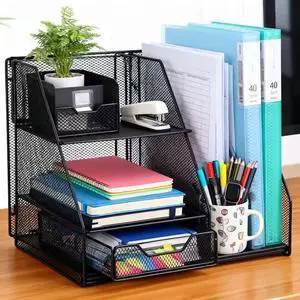 Black Mesh Desk Organizer Set, 3-in-1 Office Organizer with File Holder, Drawer & Accessories Tray, Multi-functional Desktop Storage for Stationery, Documents, Home & Office Black Mesh Desk Organizer Set, 3-in-1 Office Organizer with File Holder, Drawer & Accessories Tray, Multi-functional Desktop Storage for Stationery, Documents, Home & Office