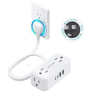 360° Rotating Flat Plug Power Strip, 5FT Extension Cord with 4 USB Ports, 4 Wide Spaced AC Outlets, Wall Mount, 900J Surge Protector for Office Travel Dorm Room Essentials, White 360° Rotating Flat Plug Power Strip, 5FT Extension Cord with 4 USB Ports, 4 Wide Spaced AC Outlets, Wall Mount, 900J Surge Protector for Office Travel Dorm Room Essentials, White