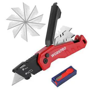 Folding Utility Knife, Quick Change Box Cutter, Red | Razor Knife with 13 Extra Blades Included, Blade Storage in Aluminum Handle, For Cartons, Cardboard, Boxes Folding Utility Knife, Quick Change Box Cutter, Red | Razor Knife with 13 Extra Blades Included, Blade Storage in Aluminum Handle, For Cartons, Cardboard, Boxes