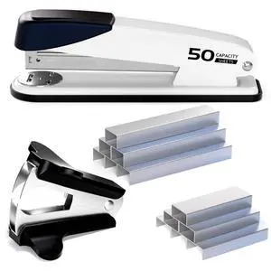 Metal Stapler Heavy Duty - 50 Sheet Capacity with 2000 Pieces 1/4", 5/16" Staples and Staple Remover, No Jam, Non-Slip, Stapler Heavy Duty for Desk, Classroom and Office, White Metal Stapler Heavy Duty - 50 Sheet Capacity with 2000 Pieces 1/4", 5/16" Staples and Staple Remover, No Jam, Non-Slip, Stapler Heavy Duty for Desk, Classroom and Office, White