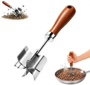 Stainless Steel Meat Chopper, Heavy Duty Hamburger Chopper with Wooden Handle, 6 Curved Blade Ground Beef Masher, Potato Masher & Multi-Use Kitchen Tool Stainless Steel Meat Chopper, Heavy Duty Hamburger Chopper with Wooden Handle, 6 Curved Blade Ground Beef Masher, Potato Masher & Multi-Use Kitchen Tool