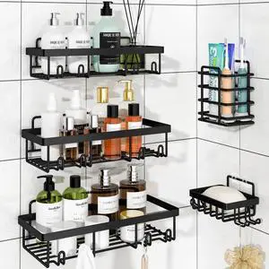 5 Pack Shower Caddy Organizer Rack Shelf for Inside Shower, Adhesive Bathroom Wall Storage Basket Rustproof Stainless Steel Shampoo Holder, Bathroom Accessory Decor Set, Black. 5 Pack Shower Caddy Organizer Rack Shelf for Inside Shower, Adhesive Bathroom Wall Storage Basket Rustproof Stainless Steel Shampoo Holder, Bathroom Accessory Decor Set, Black.