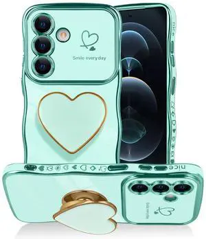 for Samsung Galaxy S26 Love-Heart Holder Case Cute Green Luxury Wave Frame Curly Shape with Love Heart Kickstand Case Plating Soft Shockproof Bumper TPU Protective Cover for Women Girls for Samsung Galaxy S26 Love-Heart Holder Case Cute Green Luxury Wave Frame Curly Shape with Love Heart Kickstand Case Plating Soft Shockproof Bumper TPU Protective Cover for Women Girls
