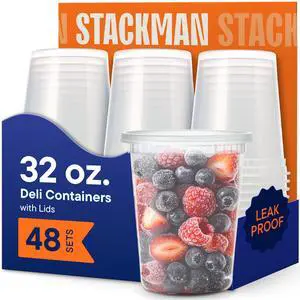 32 oz Deli Containers with Lids (48 Sets) Quart Clear Plastic Food Storage Containers, Airtight Leak-Resistant Seal, BPA-Free, Microwave & Freezer Safe, Meal Prep Soup Takeout to-Go 32 oz Deli Containers with Lids (48 Sets) Quart Clear Plastic Food Storage Containers, Airtight Leak-Resistant Seal, BPA-Free, Microwave & Freezer Safe, Meal Prep Soup Takeout to-Go