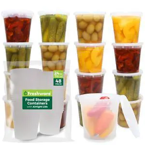 Food Storage Containers 24 oz Plastic Deli Containers with Lids, Slime, Soup, Meal Prep Containers, BPA Free, Stackable, Leakproof, Microwave/Dishwasher/Freezer Safe, 48 count (pack of 1) Food Storage Containers 24 oz Plastic Deli Containers with Lids, Slime, Soup, Meal Prep Containers, BPA Free, Stackable, Leakproof, Microwave/Dishwasher/Freezer Safe, 48 count (pack of 1)