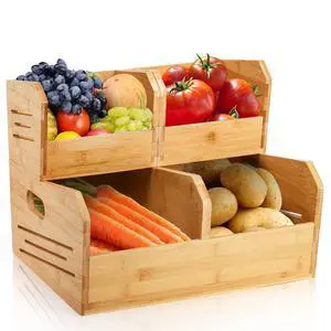 2 Tier Bamboo Stackable Storage Bins, 4 Compartment Potato and Onion Storage Baskets, Pantry Organizer Holder with Handle, Open Front Kitchen Fruit Containers for Fruit Bread Vegetable Garlic 2 Tier Bamboo Stackable Storage Bins, 4 Compartment Potato and Onion Storage Baskets, Pantry Organizer Holder with Handle, Open Front Kitchen Fruit Containers for Fruit Bread Vegetable Garlic