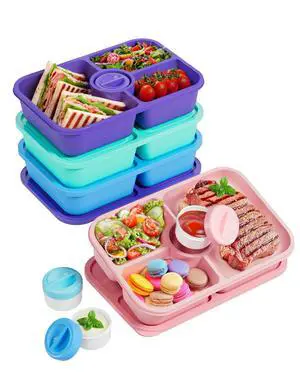 4 Pcs Bento Snack Box Containers, 4 Compartment Divided Stackable Food Storage Containers with Lids, Meal Prep Lunch Container with Sauce Cups 4 Pcs Bento Snack Box Containers, 4 Compartment Divided Stackable Food Storage Containers with Lids, Meal Prep Lunch Container with Sauce Cups