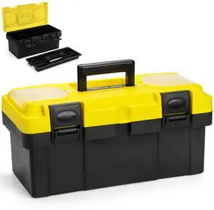 16 Inch Plastic Tool Box with Handle, Portable Toolbox with Removable Tray and Lockable Design, Heavy Duty Toolbox Organizer with Small Parts Box for Household Workshops Garages, Black Yellow 16 Inch Plastic Tool Box with Handle, Portable Toolbox with Removable Tray and Lockable Design, Heavy Duty Toolbox Organizer with Small Parts Box for Household Workshops Garages, Black Yellow