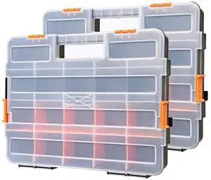 Tool Box Organizers, Interlocking Black Small Parts Organizer for Fasteners, Parts and Crafts w/Removable Dividers, 2 Pieces Pack, Black & Orange,15L×11.6W×2.6H Tool Box Organizers, Interlocking Black Small Parts Organizer for Fasteners, Parts and Crafts w/Removable Dividers, 2 Pieces Pack, Black & Orange,15L×11.6W×2.6H