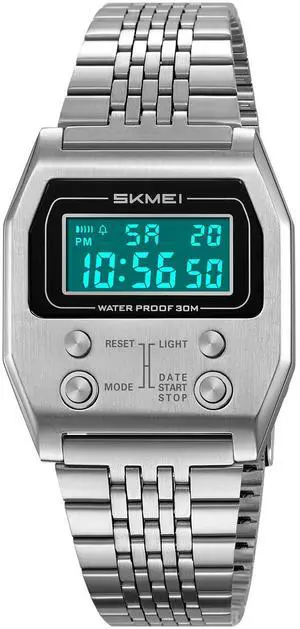 Retro Rectangle Digital Watch for Men Classic Stylish Design Multifunction Gold Stainless Steel Business Men Wristwatch with Alarm, Stopwatch, Countdown (Silver) Retro Rectangle Digital Watch for Men Classic Stylish Design Multifunction Gold Stainless Steel Business Men Wristwatch with Alarm, Stopwatch, Countdown (Silver)