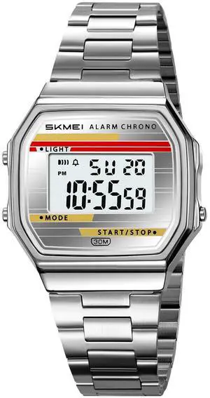Retro Digital Watch for Men Women, Stainless Steel Band Vintage LED Backlight Alarm Stopwatch Waterproof Chronograph Wristwatch with Date Week Display, 12/24H, 30M Water Resistant (Silver Silver) Retro Digital Watch for Men Women, Stainless Steel Band Vintage LED Backlight Alarm Stopwatch Waterproof Chronograph Wristwatch with Date Week Display, 12/24H, 30M Water Resistant (Silver Silver)