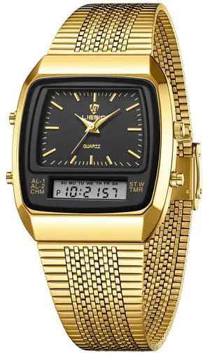 Men's Watches Multifunction Square Dual Display Sport Watch for Men Waterproof Stainless Steel Chronograph Fashion Wristwatch, Retro Gold Mesh Band (Black Gold) Men's Watches Multifunction Square Dual Display Sport Watch for Men Waterproof Stainless Steel Chronograph Fashion Wristwatch, Retro Gold Mesh Band (Black Gold)