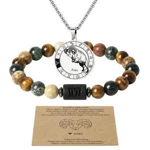 Zodiac Jewelry Set for Women and Men, 12 Constellation Necklace and Natural Stone Bracelet with Blessing Card, Stainless Steel Astrology Jewelry Gift for Birthday Anniversary (Aries - Silver) Zodiac Jewelry Set for Women and Men, 12 Constellation Necklace and Natural Stone Bracelet with Blessing Card, Stainless Steel Astrology Jewelry Gift for Birthday Anniversary (Aries - Silver)