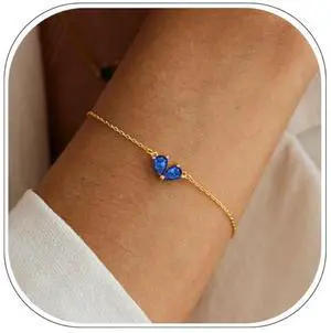 Gold Bracelets for Women Dainty 2 Birthstones Heart Bracelet 14K Gold Plated Blue CZ Bracelets for Mother and Daughter Anniversary Birthday Gift Gold Bracelets for Women Dainty 2 Birthstones Heart Bracelet 14K Gold Plated Blue CZ Bracelets for Mother and Daughter Anniversary Birthday Gift