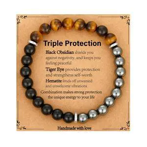 Gifts for Men, Triple Protection Beaded Hematite Tiger Eye Black Obsidian Gemstone Mens Bracelets Accessories Birthday Anniversary Healing Valentines Jewelry Gift for Dad Husband Boyfriend Him Gifts for Men, Triple Protection Beaded Hematite Tiger Eye Black Obsidian Gemstone Mens Bracelets Accessories Birthday Anniversary Healing Valentines Jewelry Gift for Dad Husband Boyfriend Him
