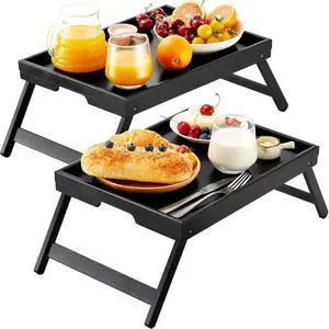 2 Pack Bamboo Bed Tray Table with Foldable Legs, Breakfast in Bed Tray for Eating, TV Tray for Bed and Sofa, Serving Tray for Food, Laptop Desk for Working, Reading,Drawing, Black 2 Pack Bamboo Bed Tray Table with Foldable Legs, Breakfast in Bed Tray for Eating, TV Tray for Bed and Sofa, Serving Tray for Food, Laptop Desk for Working, Reading,Drawing, Black