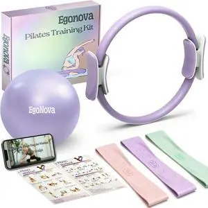 Pilates Ring Set: 35cm Magic Circle with Dual Padded Handles, Pilates Mini Ball, and Resistance Bands (15, 25, 35 lbs) for Strength, Flexibility, Stability, and Body Toning (Violet-Essential) Pilates Ring Set: 35cm Magic Circle with Dual Padded Handles, Pilates Mini Ball, and Resistance Bands (15, 25, 35 lbs) for Strength, Flexibility, Stability, and Body Toning (Violet-Essential)